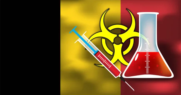 病毒或细菌感染对比利时病媒医学概念的威胁 带有注射器的生物危害标志和国旗背景的一瞥 — 图库矢量图片