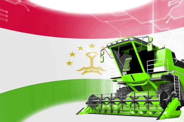 Agriculture innovation concept, green advanced rural combine harvester on Tajikistan flag - digital industrial 3D illustration