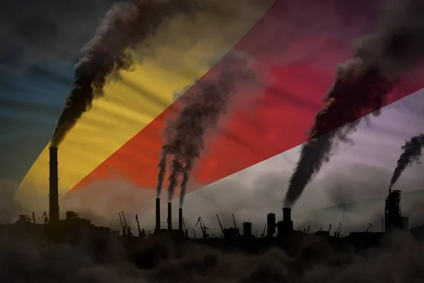 Dichte rook van industriële schoorstenen op de Seychellen vlag - global warming concept, achtergrond met ruimte voor uw tekst - industriële 3d illustratie — Stockfoto