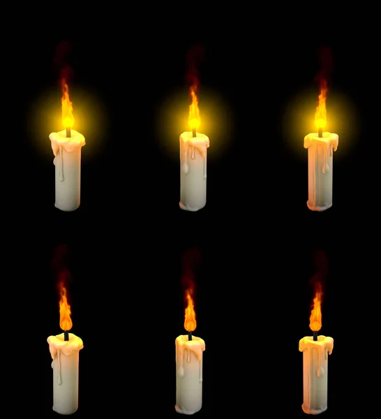 Beautiful burning thin white paraffin candle isolated render with and without highlight - warm concept, 3D illustration of object — 图库照片