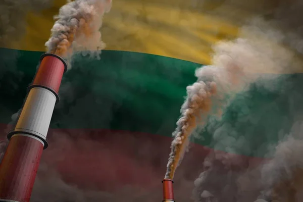 Lithuania pollution fight concept - two large industrial chimneys with dense smoke on flag background, industrial 3D illustration — Stock Photo, Image