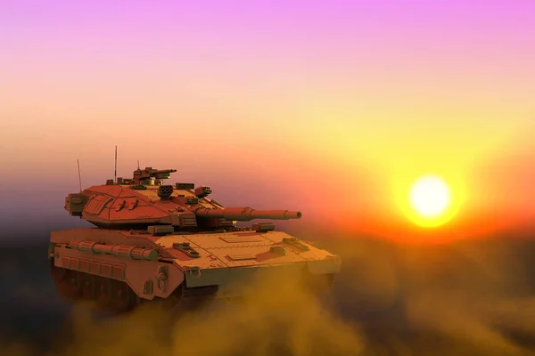 Tanque de camuflagem tático deserto com design fictício no pôr do sol, conceito de honra altamente detalhado - ilustração 3D militar — Fotografia de Stock