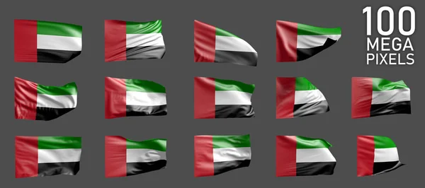 Muchas fotos diferentes de la bandera de los Emiratos Árabes Unidos aisladas sobre fondo gris - Ilustración 3D del objeto —  Fotos de Stock