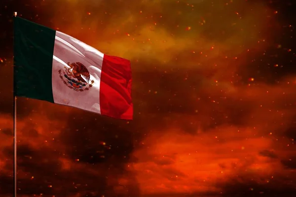 Fluttering Mexico flag mockup with blank space for your text on crimson red sky with smoke pillars background. Troubles concept. — Stock Photo, Image