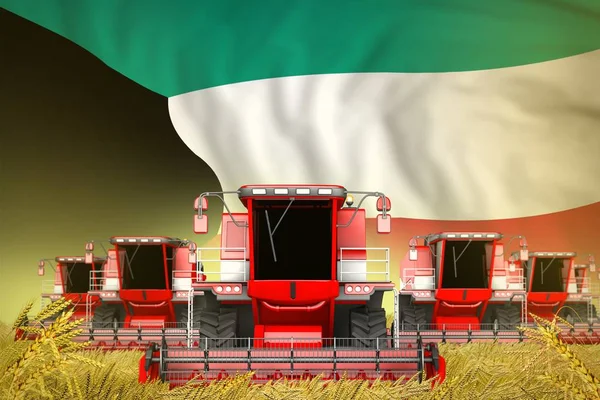 Certaines moissonneuses-batteuses agricoles rouges sur le terrain rural avec fond du drapeau koweïtien - vue de face, concept d'arrêt de la famine - illustration 3D industrielle — Photo