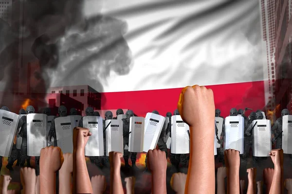 Protest w Polsce - policyjne stoisko swat przeciwko tłumowi demonstrantów na tle flagi, koncepcja walki rewolty, wojskowa ilustracja 3d — Zdjęcie stockowe