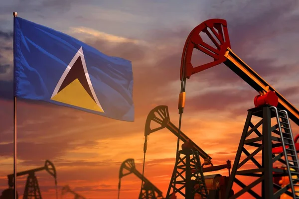 St. Lucia Ölindustrie-Konzept. Industrielle Illustration - Saint Lucia Flagge und Ölquellen mit dem roten und blauen Sonnenuntergang oder Sonnenaufgang Himmel Hintergrund - 3D-Illustration — Stockfoto