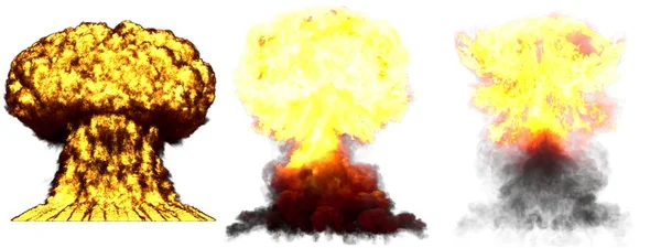 Ilustração 3D da explosão - 3 grandes fases diferentes detalhadas explosão de nuvem de cogumelo de bomba nuclear com fumaça e fogo isolado no branco — Fotografia de Stock