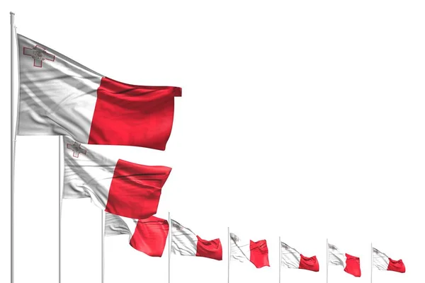 Mignon de nombreux drapeaux de Malte placés en diagonale isolé sur blanc avec place pour le contenu - toute illustration 3d drapeau de fête — Photo