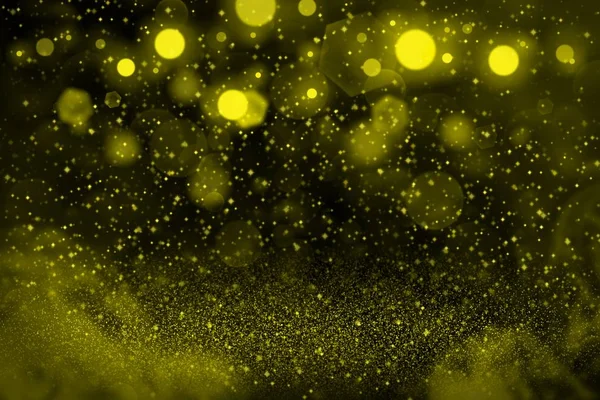 Amarelo muito brilhante brilho luzes desfocado bokeh fundo abstrato com faíscas voar, textura mockup festivo com espaço em branco para o seu conteúdo — Fotografia de Stock