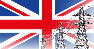 Birleşik Krallık (Uk) güç tedarik hattı vektör kavramı - bayrak arka planında mavi, kırmızı, beyaz renklerde 3 elektrik yüksek voltaj direği