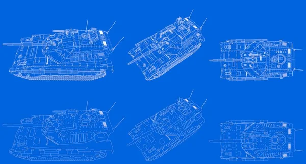 Niebieski nadruk zarysowanego odizolowanego nowoczesnego czołgu 3d z nieistniejącym projektem, koncepcja wojsk czołgowych o wysokim stopniu szczegółowości - wojskowy 3d Ilustracja — Zdjęcie stockowe