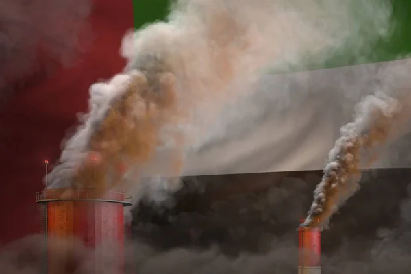 Global uppvärmning koncept - tät rök från anläggningen skorstenar på Förenade Arabemiraten flagga bakgrund med plats för ditt innehåll - industriell 3D-illustration — Stockfoto