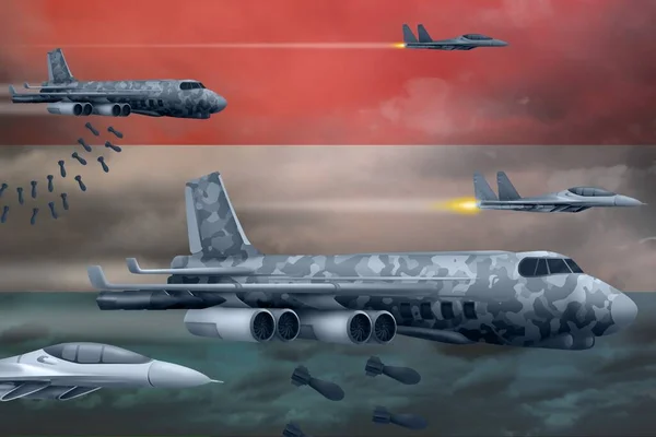 Lucemburské letectvo bombarduje koncept útoku. Letadla lucemburské armády shazují bomby na pozadí vlajky. 3D ilustrace — Stock fotografie