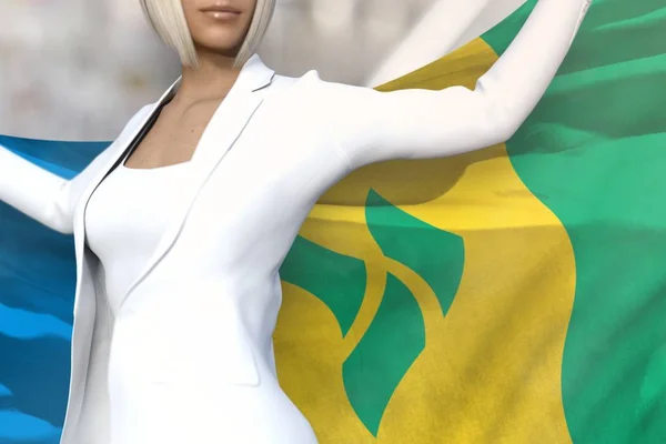 Wanita bisnis yang cantik memegang bendera Saint Vincent dan Grenadines di tangan di belakang punggungnya di latar belakang bangunan kantor-konsep bendera 3d ilustrasi — Stok Foto