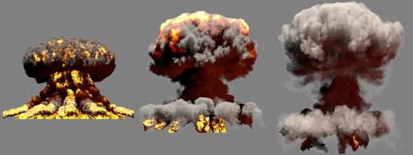 3D иллюстрация взрыва - 3 больших различных фазы взрыва грибного облака атомной бомбы с дымом и пламенем изолированы на сером фоне — стоковое фото
