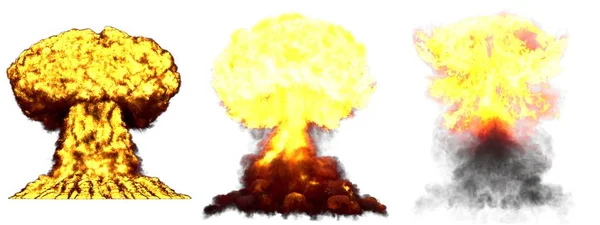 3D-illustration av explosion - 3 stora mycket detaljerade olika faser svamp moln explosion av atombomb med rök och eld isolerad på vit — Stockfoto