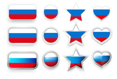 Rusya 'nın vektör etiketleri - bayrak tuşu, yuvarlak düğme, yıldız ve kalp işareti bayrak rengi kırmızı, mavi, beyaz poster veya el ilanı