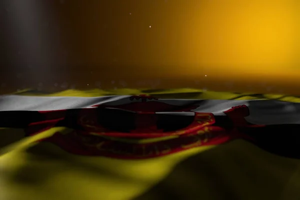 Vrij donkere illustratie van Brunei Darussalam vlag lag op gele achtergrond met selectieve focus en lege ruimte voor inhoud - elke feestvlag 3d illustratie — Stockfoto