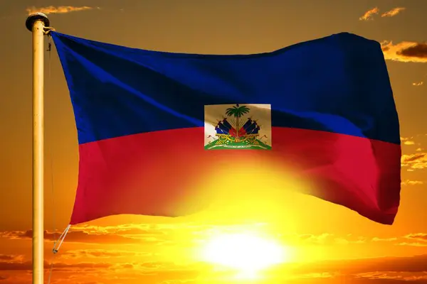 Haiti Flag Weaving Beautiful Orange Sunset Background — Stock Photo, Image