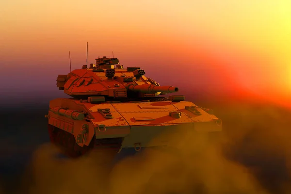 具有日落时虚拟设计 分辨率很高的英雄防御概念的沙漠军用坦克伪装 3D说明 — 图库照片