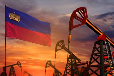 Lihtenştayn petrol endüstrisi konsepti, endüstriyel çizim. Lihtenştayn bayrağı ve petrol kuyuları ve kırmızı ve mavi gün batımı veya gündoğumu gökyüzü arkaplanı - 3D illüstrasyon