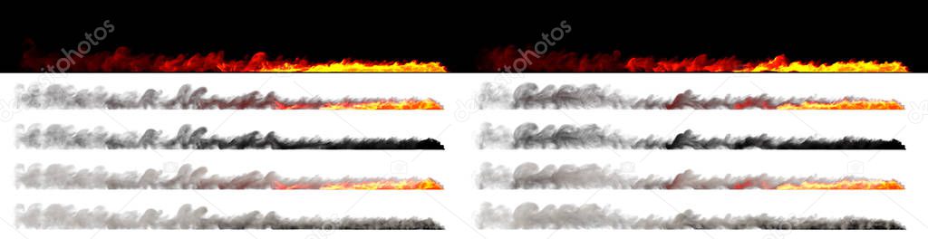 Isolated flames on trail of fast moving car wheel rendered with white and black smoke on different backgrounds - speed concept, 3D illustration of objects