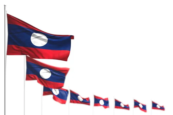 Pretty Lao People Democratic Republic isolated flags placed diagonal, illustration with selective focus and space for your content - any holiday flag 3d illustration — Stock Photo, Image