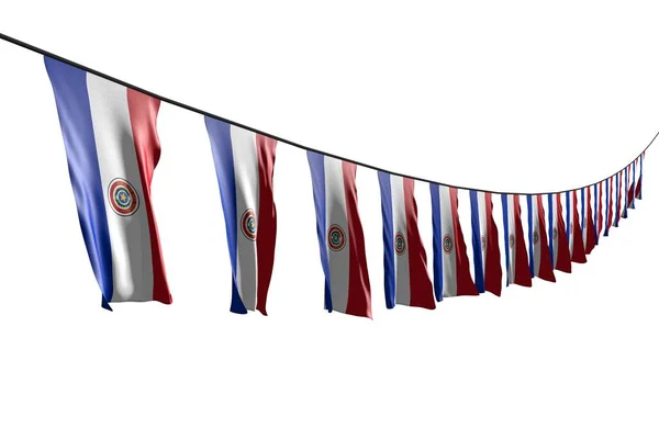 Meravigliose molte bandiere o striscioni del Paraguay appesi diagonalmente con vista prospettica su corda isolata su bianco qualsiasi bandiera celebrazione illustrazione 3d — Foto Stock