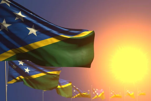 Bello molte bandiere delle Isole Salomone sul tramonto collocato diagonale con messa a fuoco selettiva e luogo per il vostro testo - qualsiasi bandiera vacanza 3d illustrazione — Foto Stock