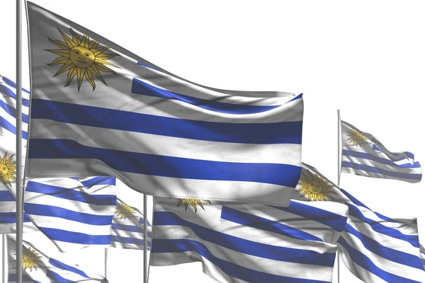 Lindo muchas banderas de Uruguay son onda aislada en blanco - cualquier fiesta bandera 3d ilustración —  Fotos de Stock