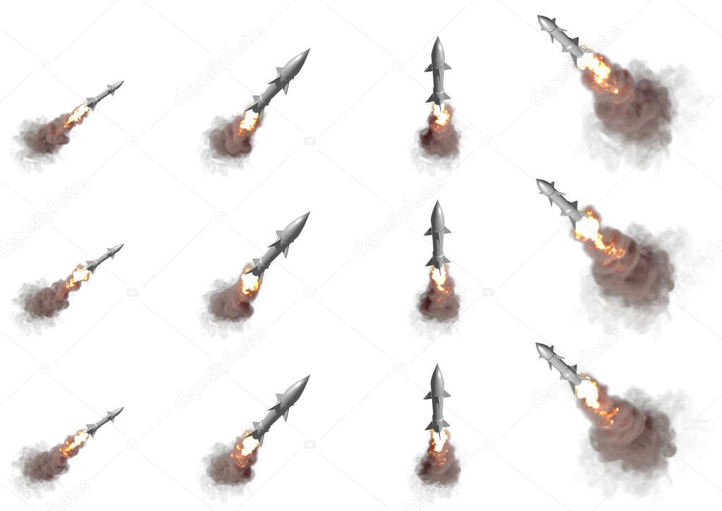 Military 3D Illustration, 12 images of nuclear warheads flying isolated on white background - modern strategic nuclear rocket weapons concept