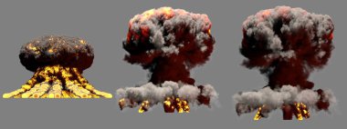 3 büyük farklı aşamalarında mantar bulutu patlama atom bombası dumanlı ateş ve alevler gri arka plan üzerinde patlama - 3d illüstrasyon izole.