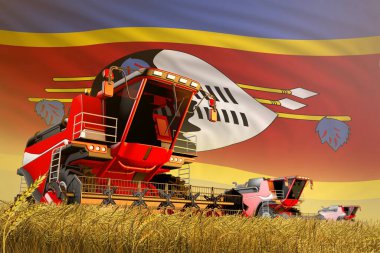 Svaziland bayrak geçmişi ve gıda üretim konsepti ile tahıl tarlasında çalışan tarımsal biçerdöver kombinasyonunun endüstriyel 3D çizimi