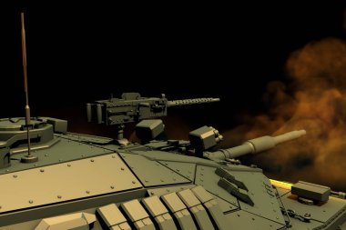 Yeşil tankın 3D askeri tasarımı ve hayali tasarımı ateş etrafında ateşle savaşıyor, hizmet ediyor ve konsepti koruyor