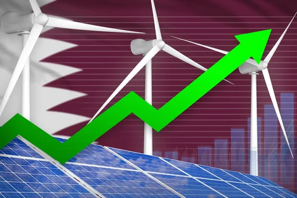 卡塔尔太阳能和风能上升图表 箭头向上 替代能源工业图解 3D说明 — 图库照片