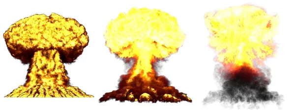 3つの非常に詳細な異なる相キノコ雲爆発煙と火災白色に隔離された核爆弾 爆発の3Dイラスト — ストック写真