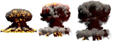 3 büyük aşama, beyaz üzerine izole edilmiş duman ve alevlerle termonükleer bombanın mantar bulutu patlaması ateşler.