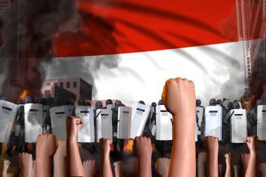 Avusturya 'da protestolar - polis memurları bayrak arka planındaki göstericilere, isyan durdurma konseptine, askeri 3d İllüstrasyon' a karşı durdular