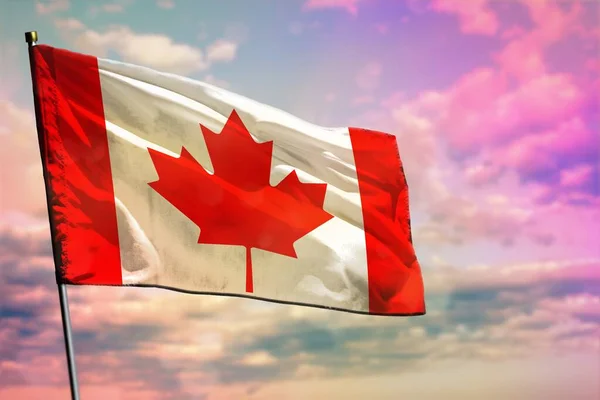 Fluttering Canada Flag Colorful Cloudy Sky Background Canada Prospering Concept — Stock Photo, Image