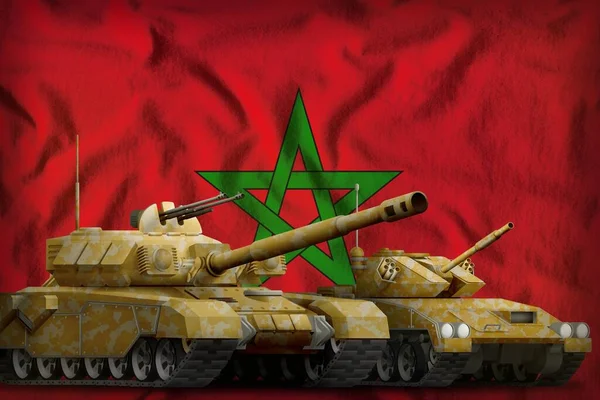 tanks with orange camouflage on the Morocco flag background. Morocco tank forces concept. 3d Illustration