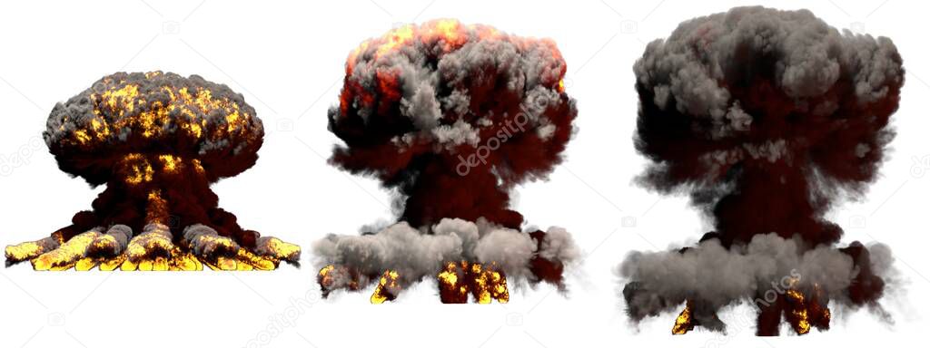 3 big different phases fire mushroom cloud explosion of thermonuclear bomb with smoke and flames isolated on white - 3D illustration of explosion
