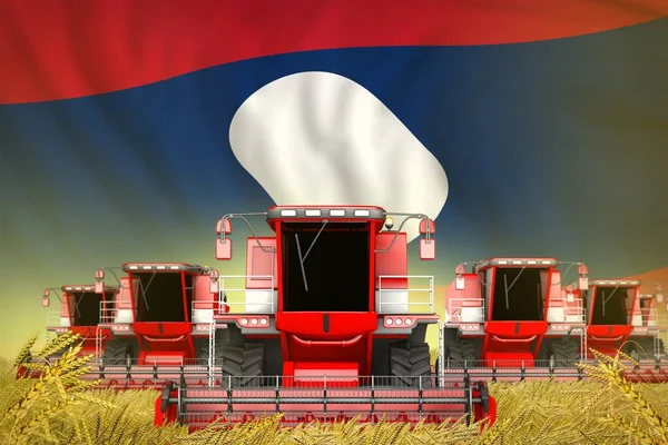 Illustration Industrielle Grand Nombre Agriculteurs Rouges Combinent Les Récolteuses Sur — Photo