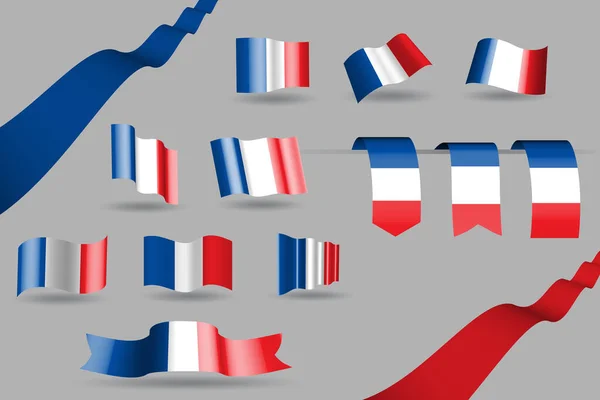 Molte Bandiere Francia Sventolando Striscioni Segnalibri Nei Colori Della Bandiera — Vettoriale Stock
