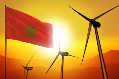 Fas rüzgar enerjisi, günbatımında türbinler ve bayrak ile alternatif enerji çevre kavramı - alternatif yenilenebilir enerji - endüstriyel illüstrasyon, 3D illüstrasyon