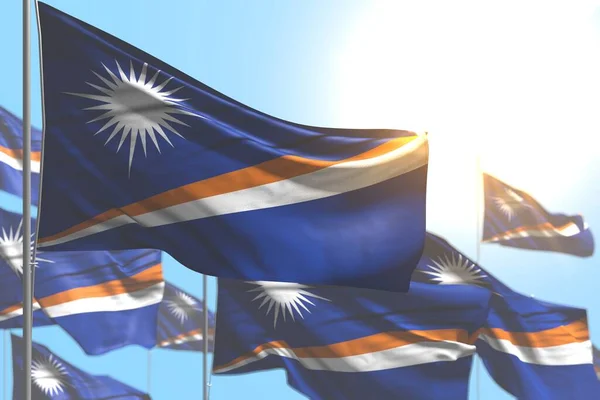 许多漂亮的马绍尔群岛国旗在蓝天图片的映衬下轻轻摇曳 任何假日旗帜3D插图 — 图库照片