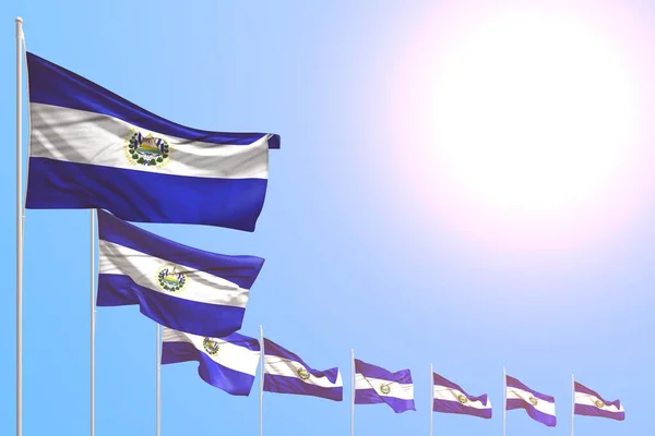 Χαριτωμένο Πολλές Σημαίες Σαλβαδόρ Τοποθετείται Διαγώνια Μπλε Ουρανό Θέση Για — Φωτογραφία Αρχείου