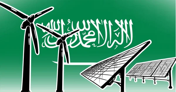 沙特阿拉伯国旗背景风力涡轮机和太阳能电池板的替代能源矢量概念 使用绿色 — 图库矢量图片