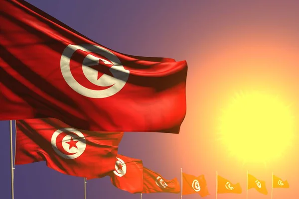 Elég Sok Tunézia Zászlók Elhelyezett Átlós Naplemente Hely Tartalom Minden — Stock Fotó