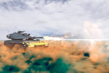 Mevcut tasarımı olmayan tank çöldeki yangına saldırıyor, çok detaylı hizmet ve koruma kavramı - askeri 3D İllüstrasyon